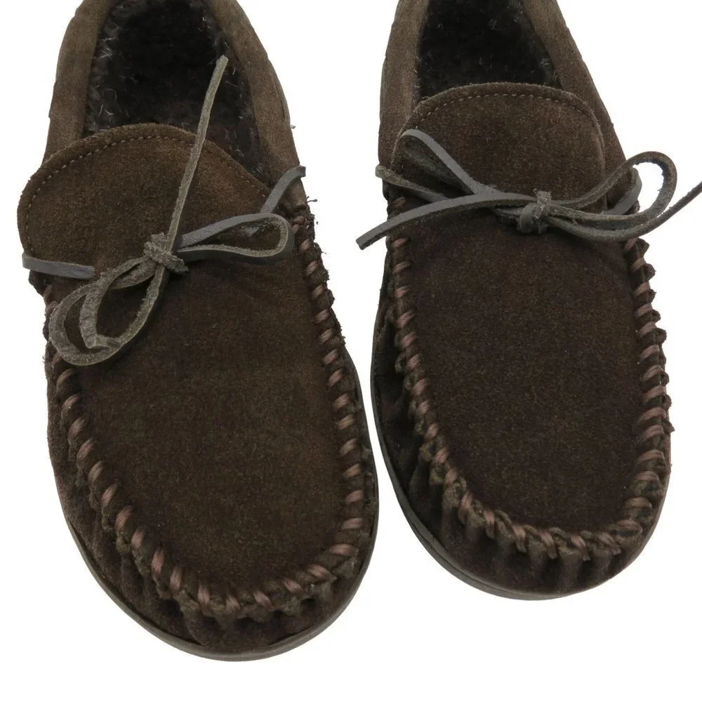 MINNETONKA Men's Dark Brown Suede Pile Lined Hardsole Moccasin Slippers 10